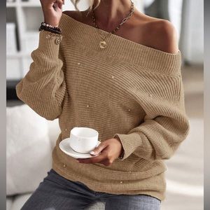 Cozy khaki Off Shoulder Oversized Sweater Top LAST PACK